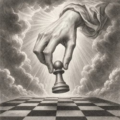 Engraving of a hand moving a chess pawn