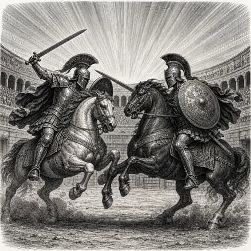 Engraving of knights clashing in an arena