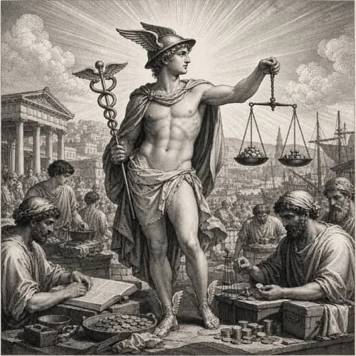 Engraving of Hermes presiding over a marketplace